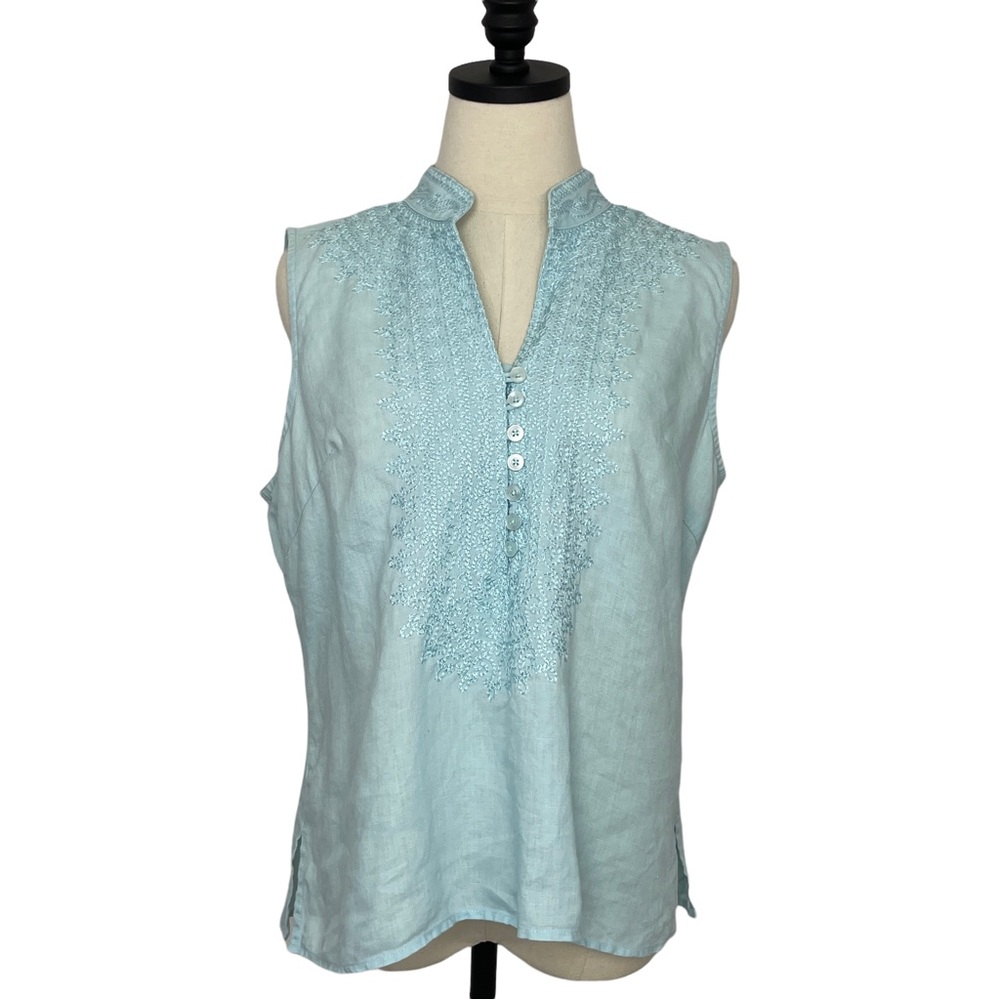 Tweeds 100% Linen Sleeveless Top Embroidered Front Robin’s Egg Blue Size Large